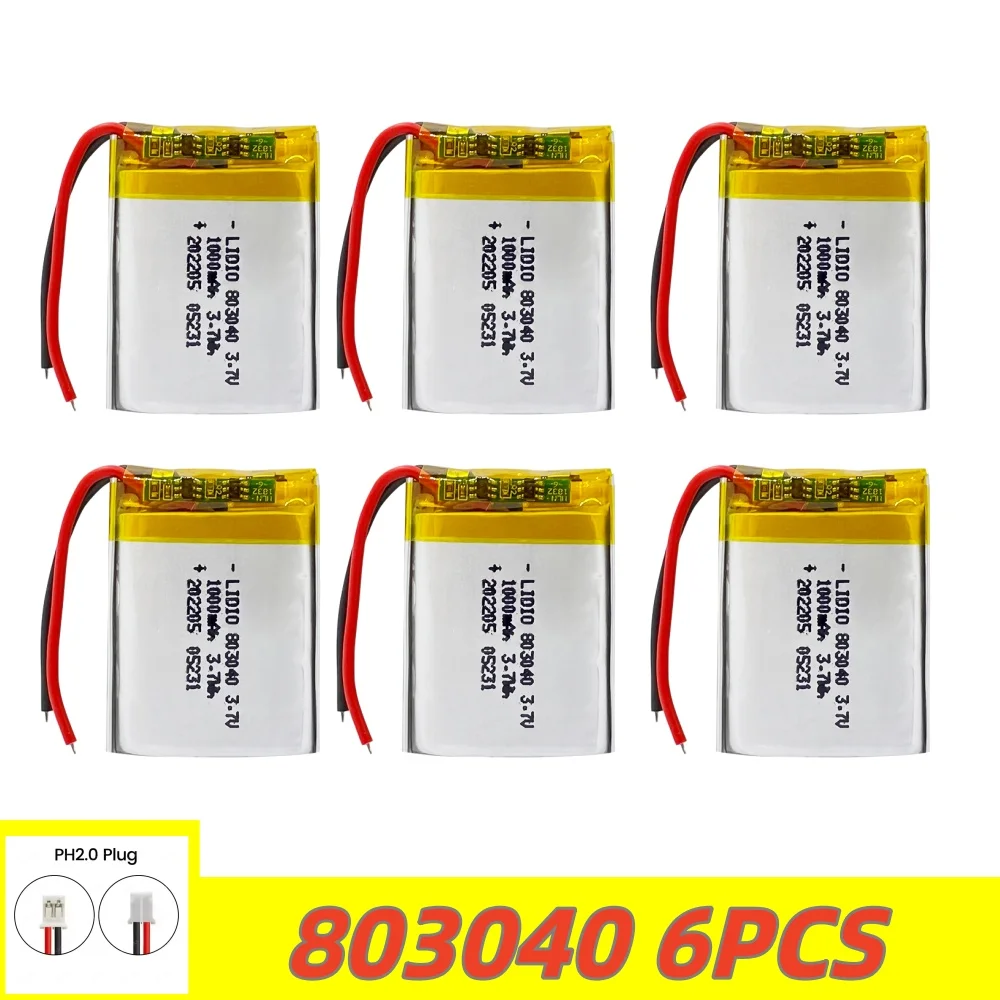 2-10pcs 3.7V 1000mAh 803040 Polymer Lithium Rechargeable Battery PH 2.0 2pin plug for GPS navigator MP5 Bluetooth Headset