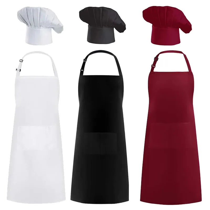 

Apron Chef Hat Food Service Kitchen Suit Adjustable Adult Pinafore with Butcher Hat Baker Waiter Cooking Work Apron with Pocket