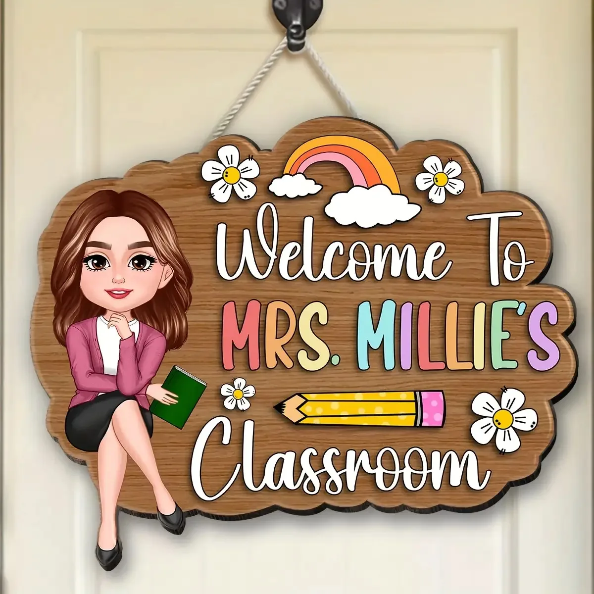 Custom Teacher Classroom Door Sign, Personalized Cartoon Teacher Wooden Plaque, Rainbow & Flower Decor for Classroom image 2