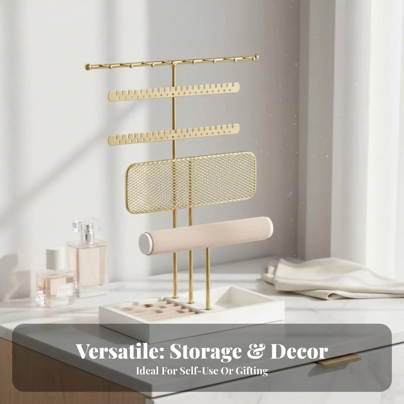 

Necklace and Earring Holder Large Capacity Jewelry Stand with Band Tray Accessory Rack Easy Assembly Household Storage for Women