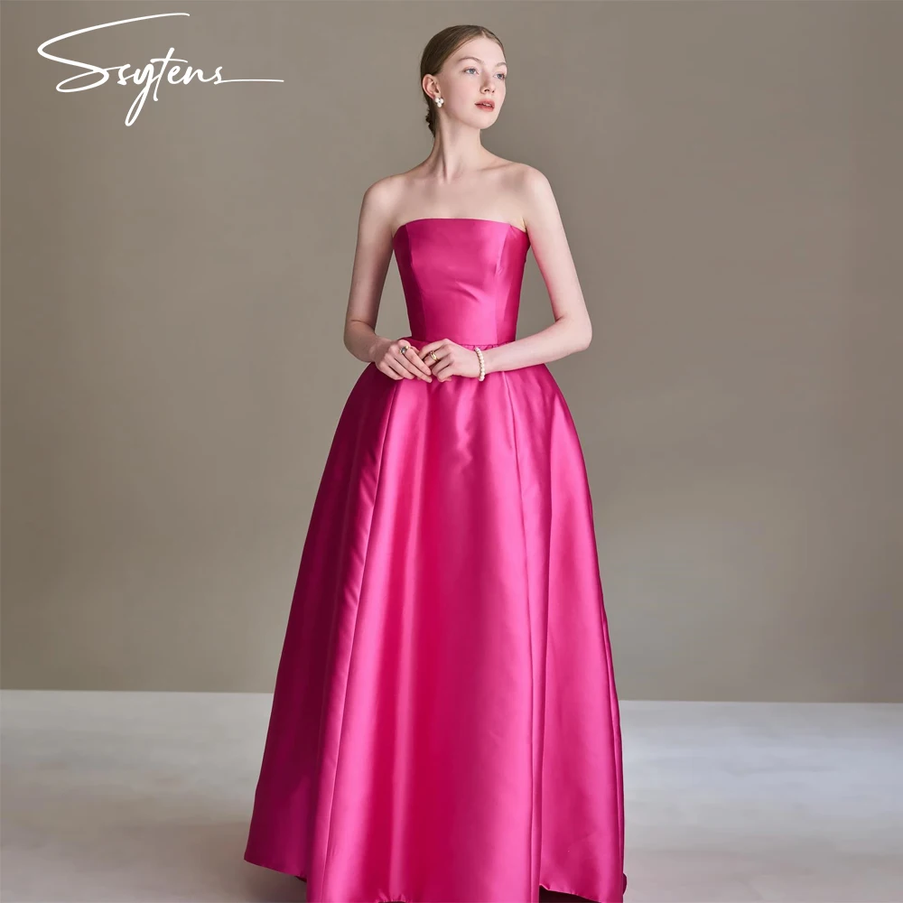 

Modern Pink Long Formal Evening Dresses Strapless Celebrity Party Gowns A Line Prom Dress Dubai Sleeveless Bow vestidos de gala
