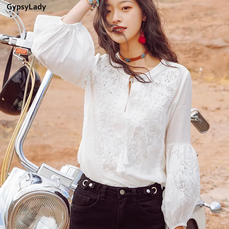 GypsyLady Silk White Embroidery Blouse Shirt 2 Piece Set Lace Sheer Blouse Women Long Lantern Sleeve Sexy Chic Holiday Top Shirt