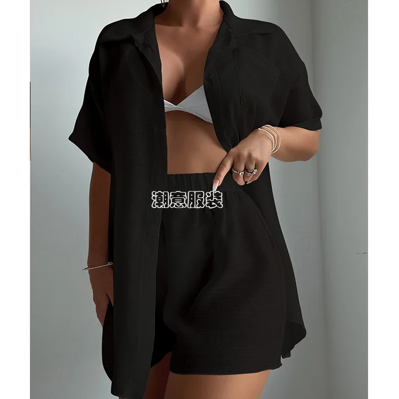 Camicia a maniche corte in tinta unita per le vacanze al mare Set Casual estate nuova tuta di protezione solare allentata costume da bagno da spiaggia Cover Up Short Sets