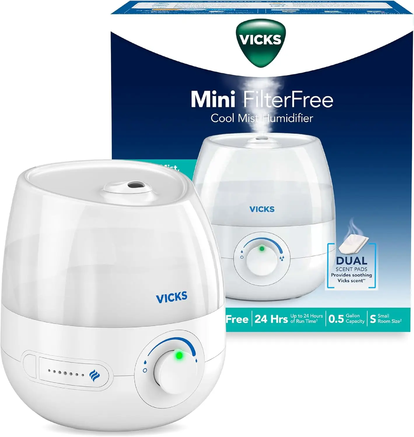 

Mini Filter Free Cool Mist Humidifier, Small Room – Variable Mist Control – Works with VapoPads