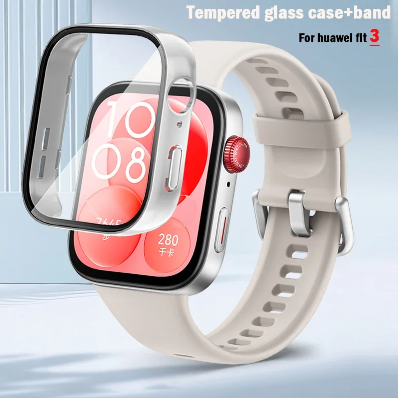 Tempered glass case+band For Huawei Watch Fit 3 Straps silicone sport bracelet for Huawei Fit3 Replacement watchband Accessories