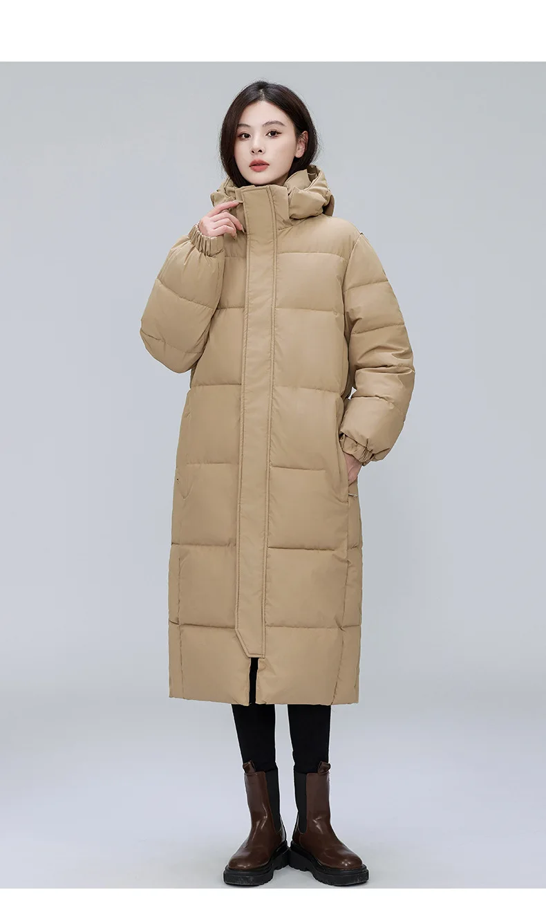 Winter Long Puffer Coat for Women Hooded Quilted Windproof Warm Zip Up Outerwear Russian Cold Weather Snow Jacket Over Knee Cozy