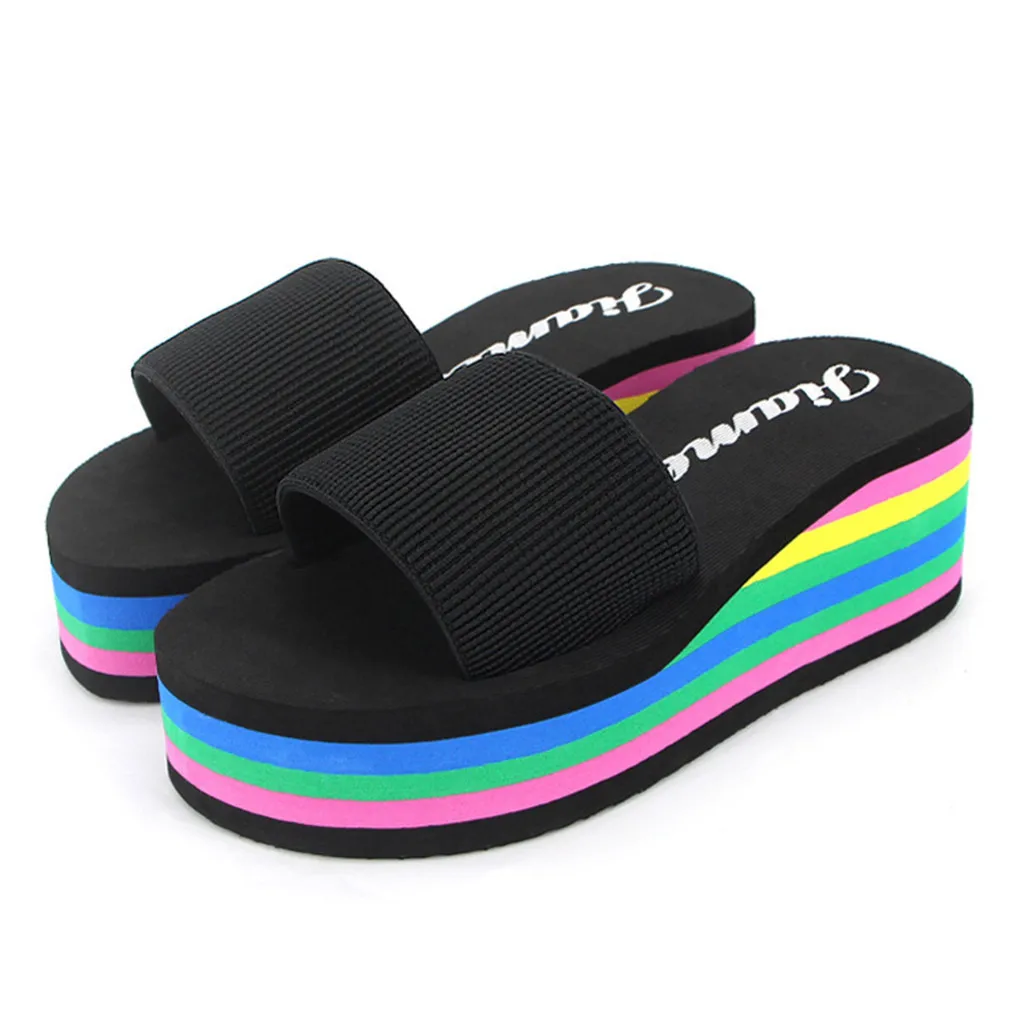 Thick soled fashionable women\'s slippers new European style color stripe trend casual slope heel raised beach one line sandals