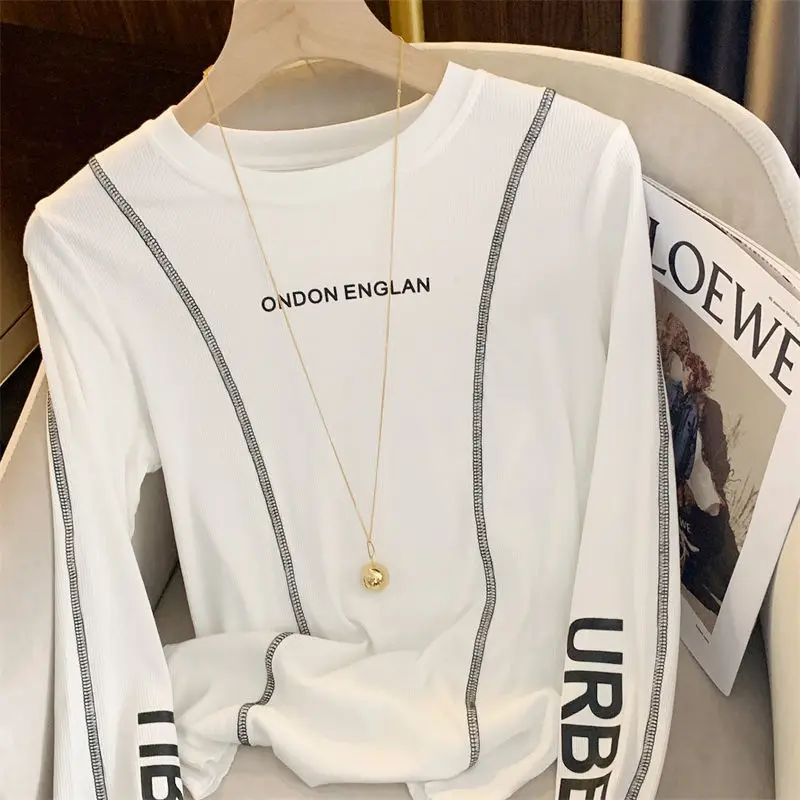 Autumn Winter Thin Pullovers Long Sleeve O-neck Solid Color Printing Letter Undercoat Casual Fashion Slim Women Clothing 2023