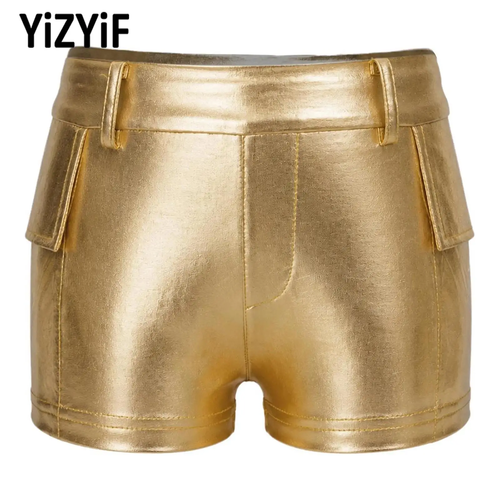 Kids Girls Metallic Shorts Elastic Waistband Shiny Hot Pants And Pockets Gymnastics Bottoms Fitness Workout Yoga Sport Dancewear