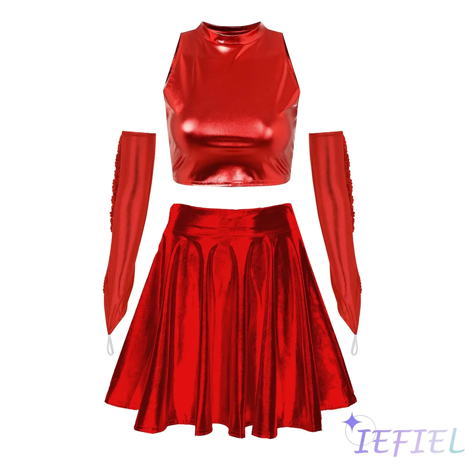 

Womens Metallic Shiny Jazz Disco Party Dance Set Mock Neck Sleeveless Vest High Waist Miniskirt and Fingerless Gloves Clubwear