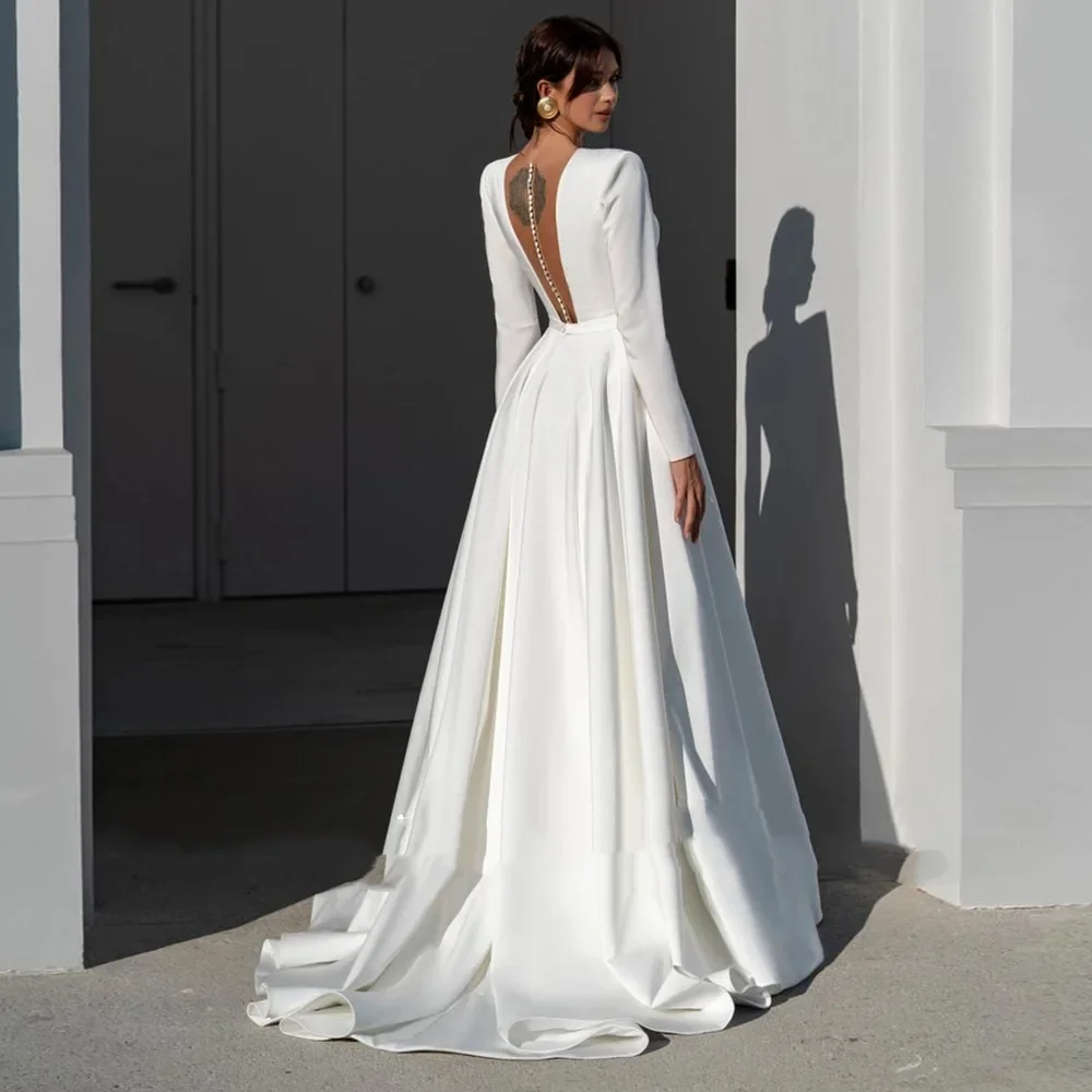 Flavinke Robes De Mariage Illusion Back A-Line Wedding Dresses with Long Sleeve Satin Belt Vestidos De Novia Bridal Gowns