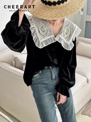 CHEERART Velvet Tops And Bloues Korean Fashion Long Sleeve Button Up Shirt For Women Ruffles Big Collared Elegant Top Clothing