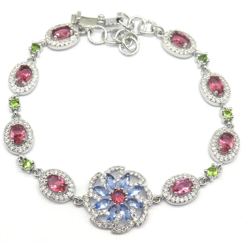 

19x19mm Multi Color Rhodolite Garnet Violet Tanzanite Peridot London Blue Topaz CZ Women Silver Bracelet 7-7.5ininch