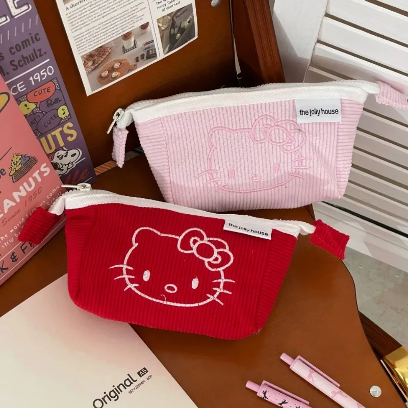 

Sanrio Hello Kitty Cute Pen Bag Cartoon Anime Corduroy Large Capacity Stationery Box Student Stationery Storage Bags Kids Gifts