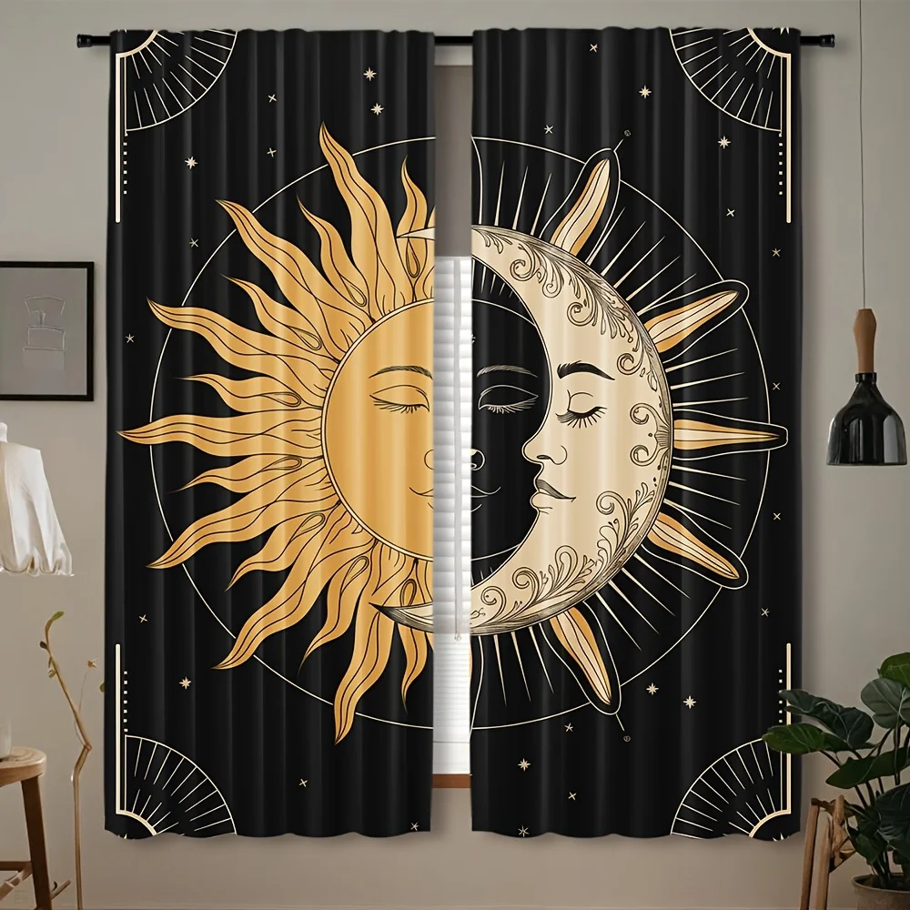 Golden Sun Moon Face Curtains 2 Panels, Celestial Star Mystic Vintage Tattoo Art Solid Black Background for Boho Bedroom Curtain