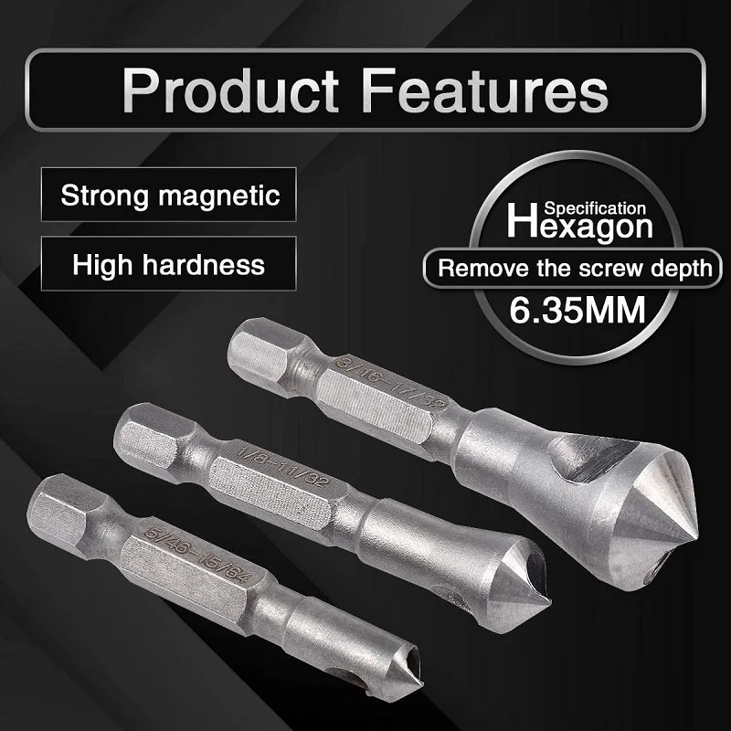 3Pcs/Set Countersink Deburring Chamfering Drill bits Hex Flute Countersink Drill Bit Set 90 Degree Counter Sink Chamfer Cutter