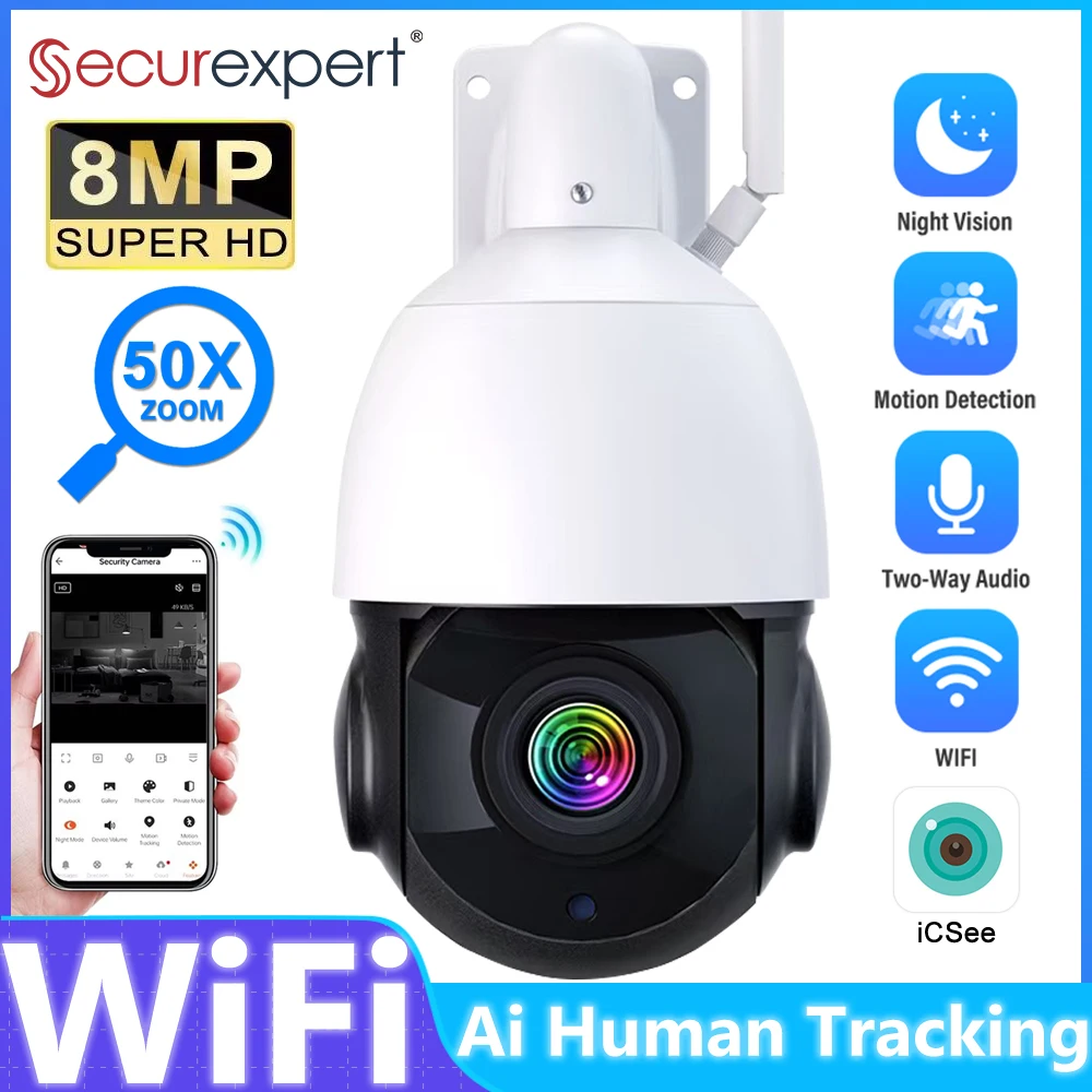 8MP 4K WiFi Video Surveillance Camera 50X Zoom CCTV Cam AI Human Detect Two-way Audio Outdoor Video Security PTZ IP Dome Camera