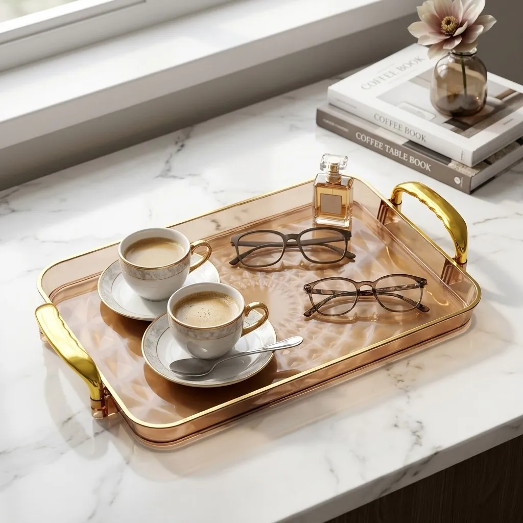 Plateau de service rectangulaire en plastique transparent avec poignées, organisateur de rangement de cuisine pour thé, café, petit-déjeuner, aliments, parfums, articles de toilette