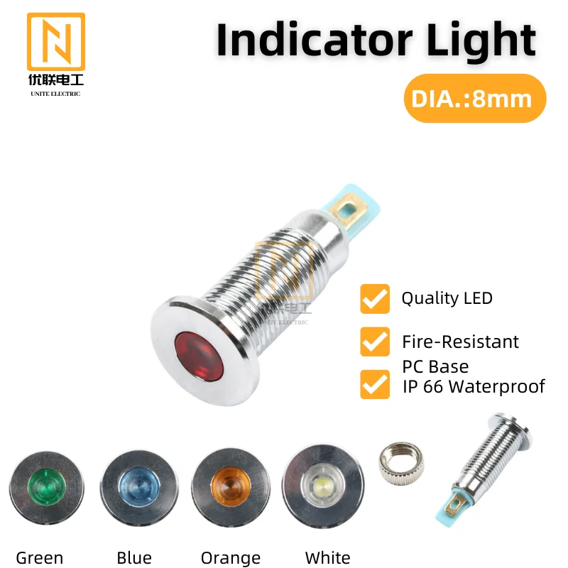 Uniteelec-10Pcs/Lot  Diameter 8mm Metal LED Waterproof Indicator Light for Car ,Truck ,Motor ,3V 5V 6V 12V 24V 48V 110V 220V