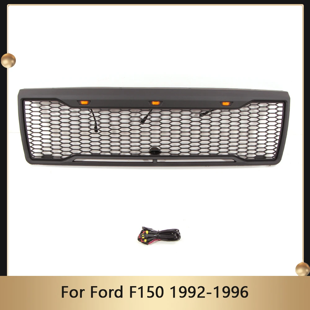 Pickup Truck Auto Parts Modified Front Bumepr Grill Mesh Grille W/LED Fit For Ford F150 1992-1996 Racing Grills Raptor Style