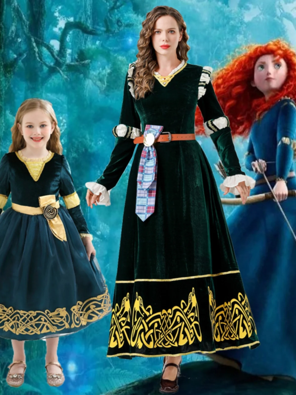 

Halloween Adult Children Brave Tale Melinda Cosplay Costume Vintage Green Medieval Court Performance Ethnic Stage Costume