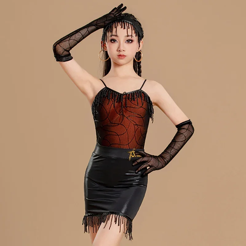 キッズガールズラテンダンス衣装スパゲッティストラッププリントメッシュボディスーツとビーズタッセルスカートルンバチャチャ競技ダンスウェア