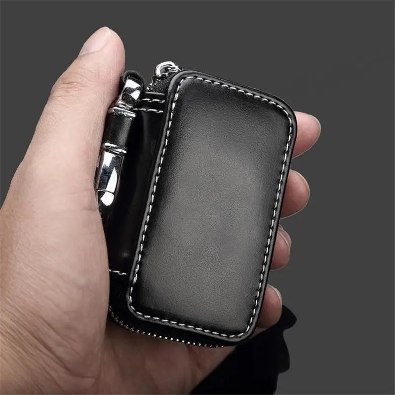 Leather Keychain Pouch Zipper Closure Waterproof Anti-scratch Compact Car Key Holder Wallet for Daily Travel Commute