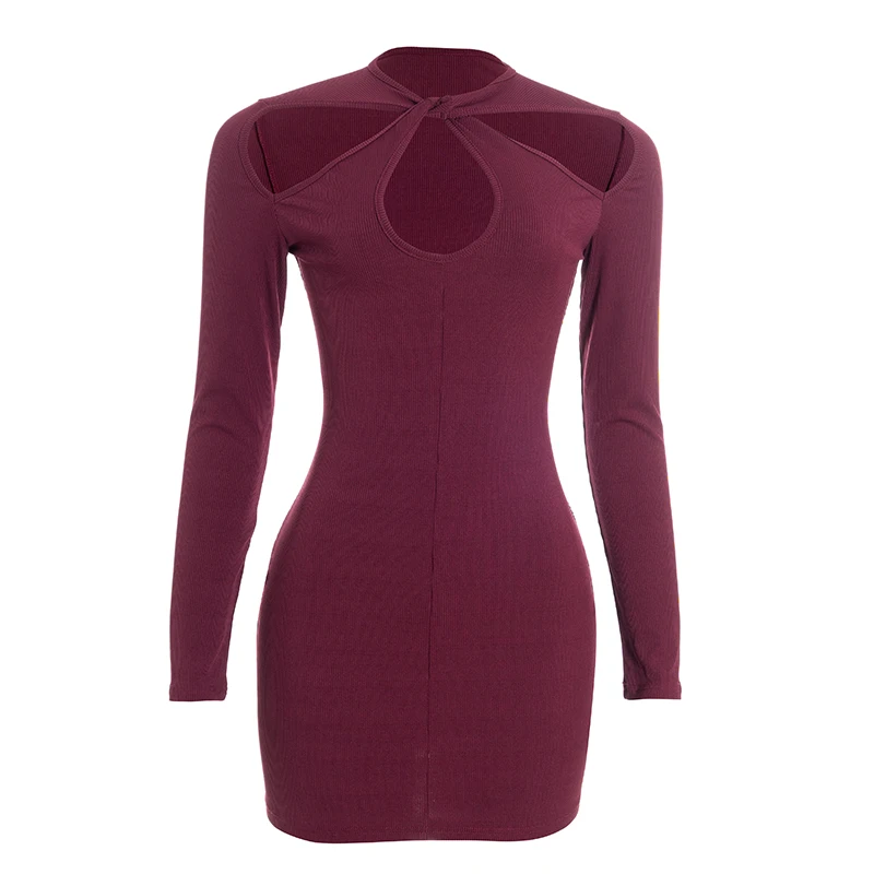 エレガントなハイウエストショートドレス、ネックカットアウトツイストデザイン、長袖、無地、スリムフィット、ボディコンスタイル、ヨーロッパ向け