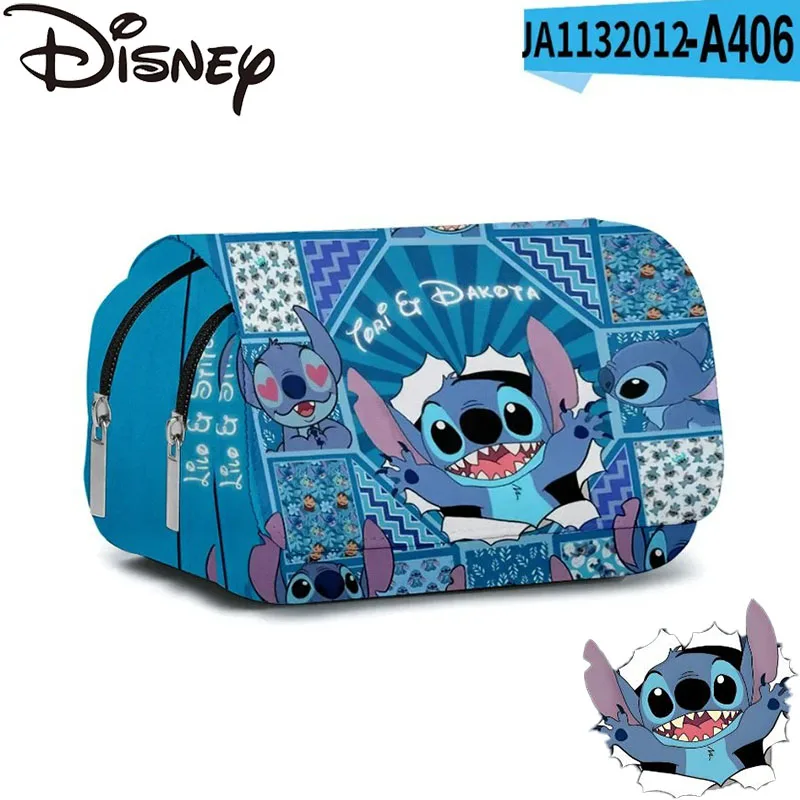 Disney Stitch Pencil Case Student School Supplies Cartoon Double Layer Large Capacity Flip Pen Case Children's Stationery Stich