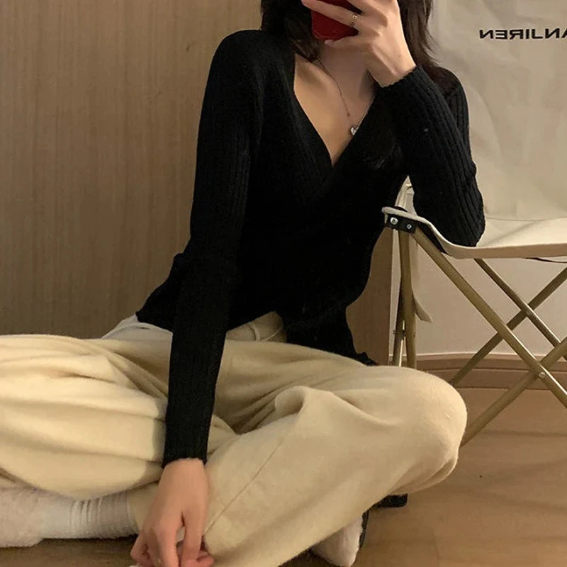 Women Korean Fashion V Neck Cross Asymmetrical Design Knitted Sweater Autumn Winter Solid Long Sleeve Slim Pullover Tops Jumpers