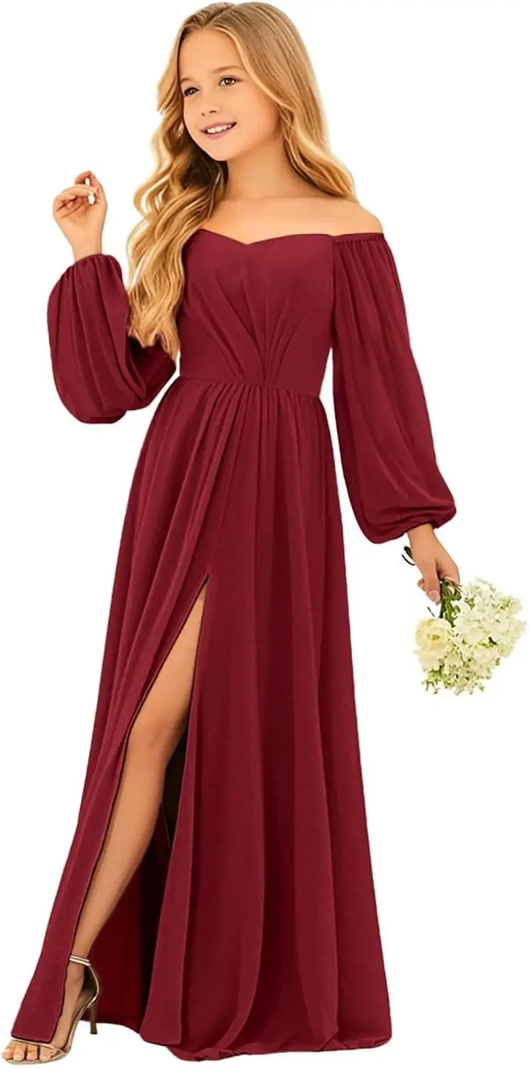 

Юные платья подружки невесты, шифоновое платье с длинными рукавами и открытыми плечами, платье с цветочным узором для девочек, длинное вечернее платье для девочек, вечернее платье с разрезом