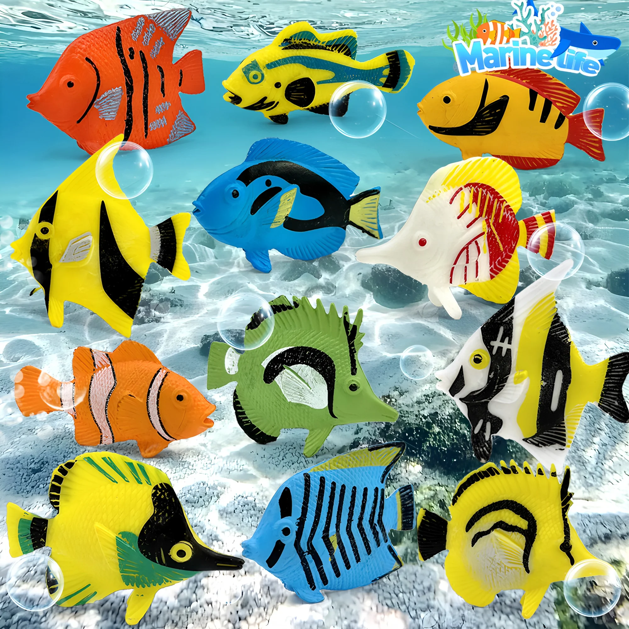 Conjunto com 12 Modelos de Peixes Tropicais Mini, Figurinha Educacional de PVC Sólido, Decoração de Mar Profundo, Presente para Crianças, Decoração para Festas e Aquários