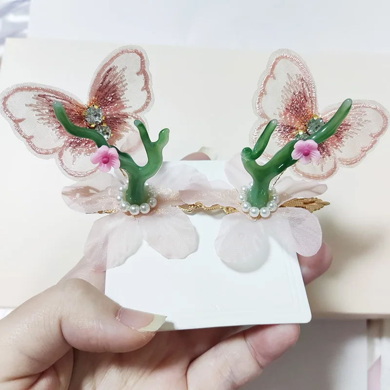 Butterfly Flower Green Deer Antler Girl Hanfu Princess Headwear Children's Chinese Style Antique Hair Accessories