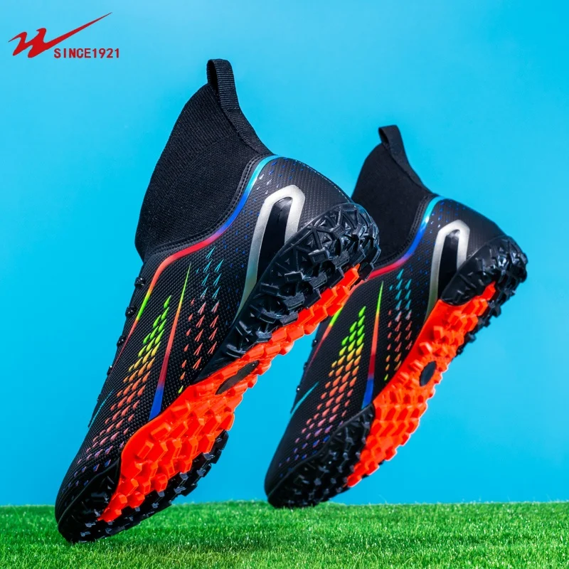 

Double star football shoes, unisex high top TF sole studded sneakers, anti slip and lightweight outdoor football shoes 35-45