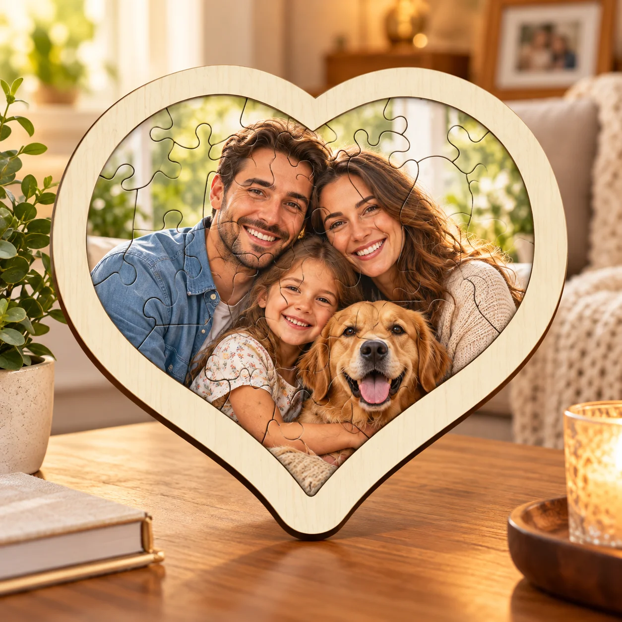 Personalized Wooden Heart Puzzle, Custom Photo Pattern Logo, Unique Wooden Jigsaw Puzzle Gift for Couples, Family, Wedding, Anni