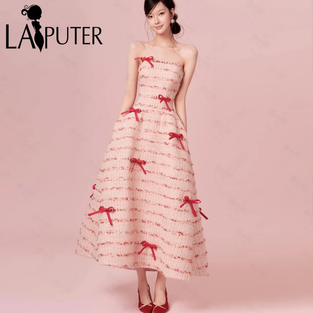 ชุดเดรสงานพรอมทรงเอไลน์สีชมพูทวีด ความยาวระดับชา ประดับโบว์เล็กๆ สายเดี่ยว ลายตาราง ชุดเดรสปาร์ตี้เปิดไหล่ ทรงพองฟู น่ารักสำหรับสาวๆ ชุดราตรี