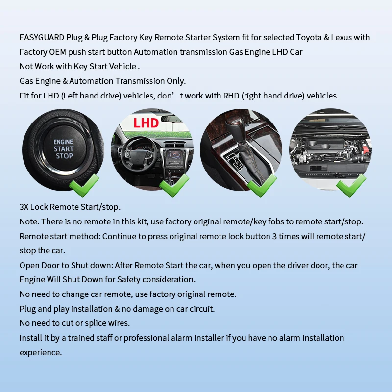 EASYGUARD Remote Starter Kit  fit for Toyota RAV4/ Corolla 13-18/Camry(Hybrid) 12-17/Avalon 15-17/Levin 14-18/Prius 16-17