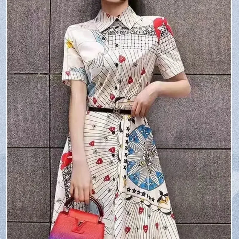 

Dilraba Same Star Dress Summer A Line Short Sleeve Single Breasted Print Dress