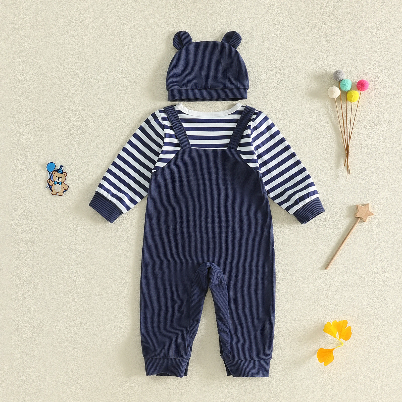 Baby Boy Fall Romper Stripe Print Bear Embroidery Crew Neck Long Sleeve Fake Two-Pieces Jumpsuit Infant Bodysuits with Hat