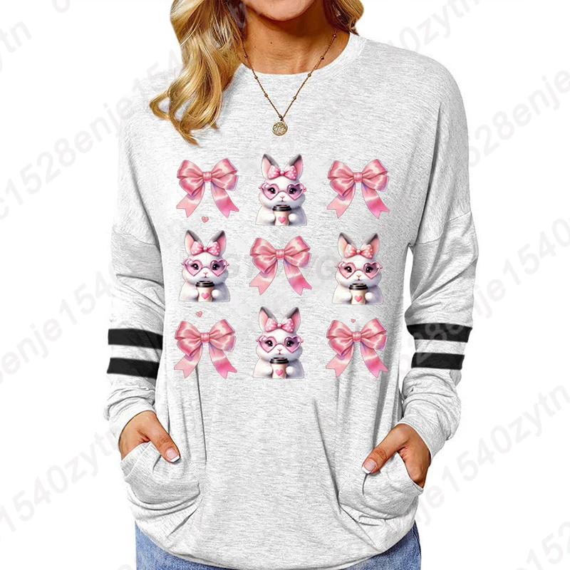 

Футболки с рисунком Cute Bunny Bows, женские футболки с изображением счастливого Пасхи, подарок с розовым бантом, весенняя футболка с длинными рукавами Coquette Bunny, женский пасхальный топ