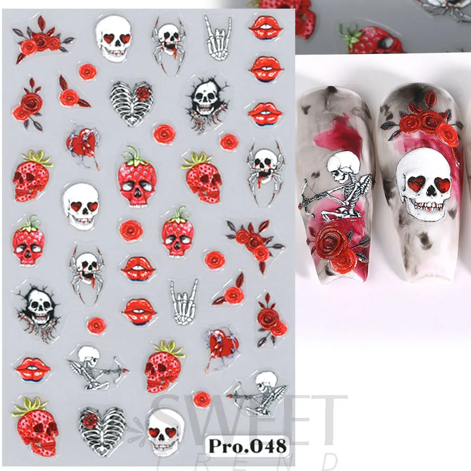 Autocollant pour Ongles en Relief 5D, Motif Fantôme d'Halloween, Citrouille, Étoile, Toile d'Araignée, Crâne, Rose, Dessin Animé Floral, Festival d'Hiver, Décoration de Manucure