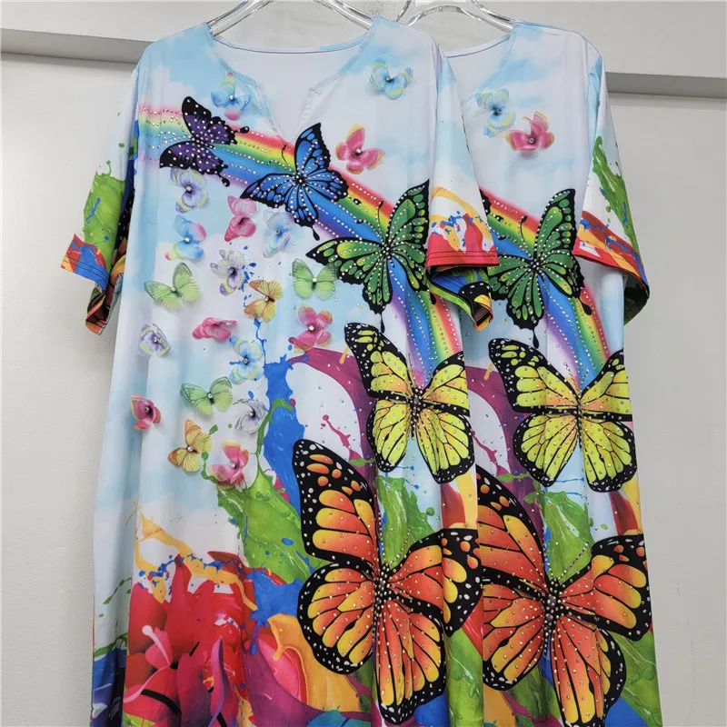 2025 Autumn New Women's Dress Loose Hand-painted Butterfly Print Rhinestone Slimming Vacation Style Long Dress Kawaii Clothes