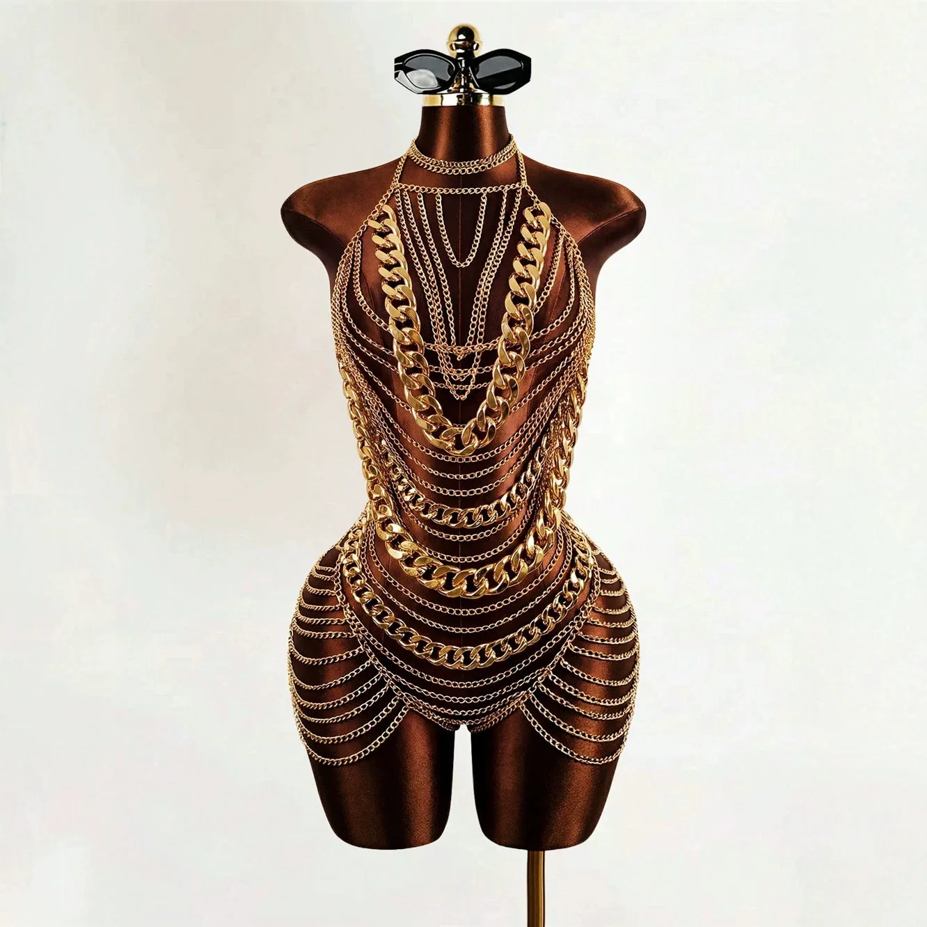 New European And American Women's Clothing Handmade Multi-Layer Chest Chain Sexy Party Metal Chain Mini Skirt
