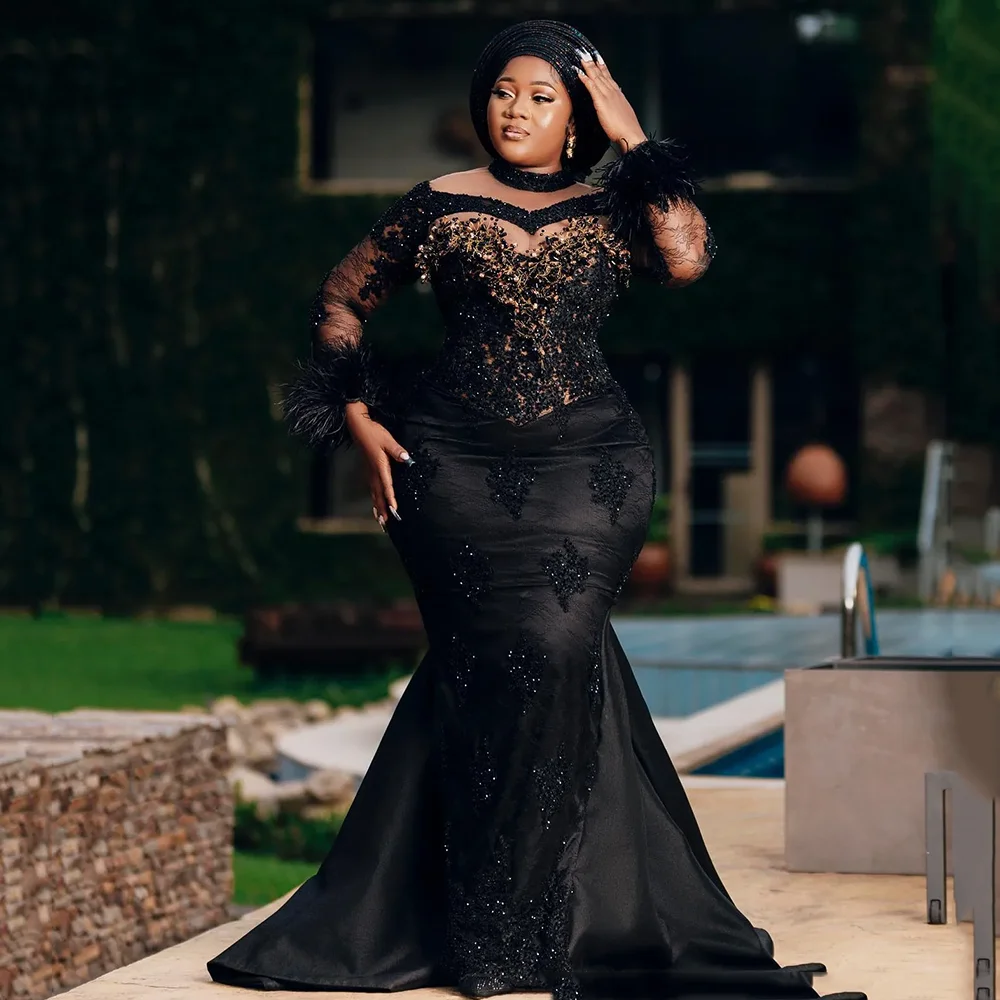 Plus Size Prom Dresses for Black Women Prom dress High Neck Feathered Long Sleeves Beaded Appliqued Lace Birthday Dress Second