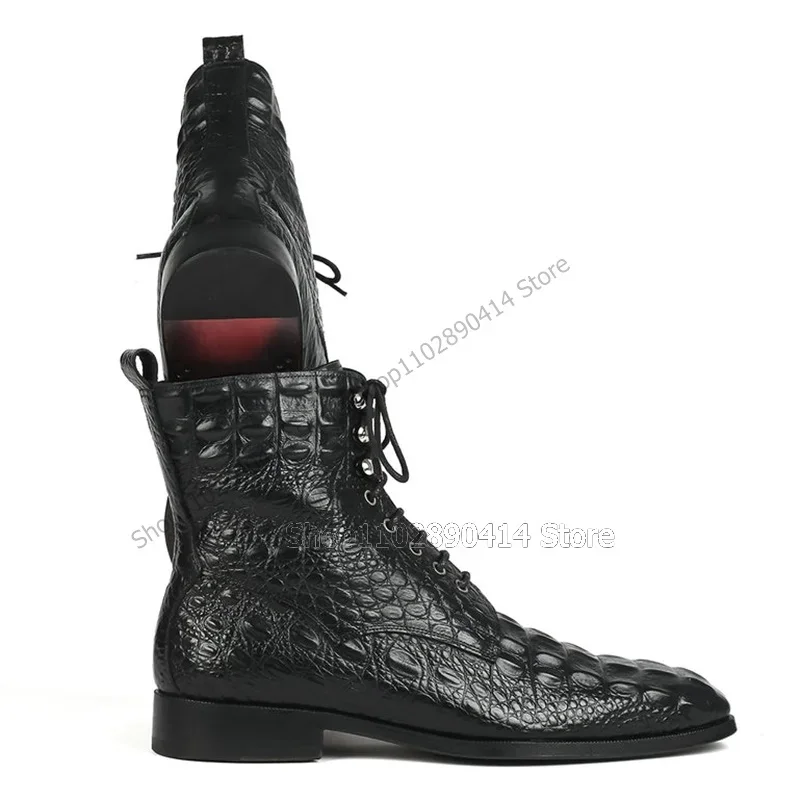 Black Crocodile Print Cross Tied Square Toe Boots Fashion Lace Up Men Shoes Luxury Handmade Party Feast Banquet Men Dress Shoes