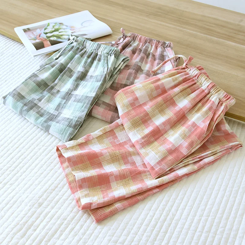 2024 Japanese Spring and Autumn Women\'s All Cotton Pajama Pants Simple Plaid Pants Thin Loose Women\'s Straight Home Pants