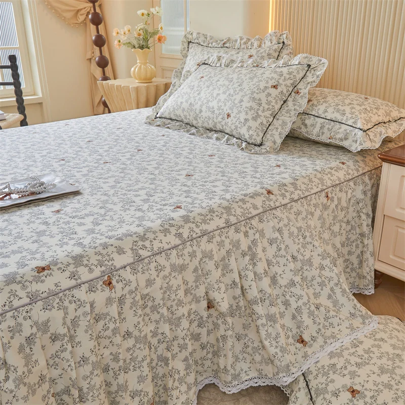 1pc Princess Style Pure Cotton Bed Skirt Soft 침대 스커트 Printed Bed Cover with Lace Bed Linen edredones para cama (No Pillowcase )