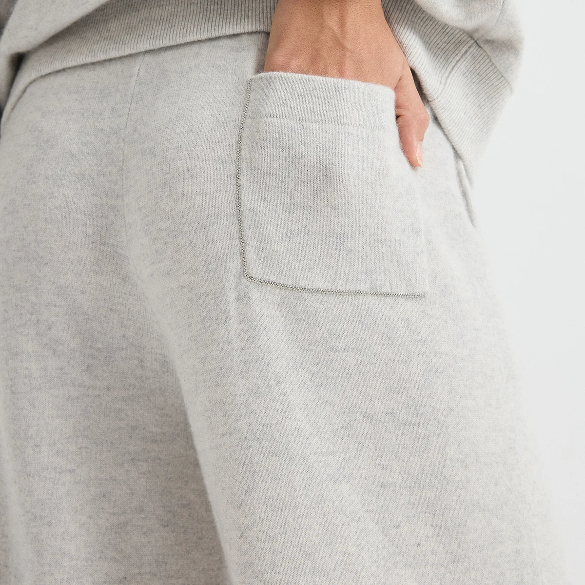 BY4621762 Women's 100% Cashmere Wide Leg Pants Ribbed Elasticated Waist Back Pocket Chain Edge Relaxed Fit Early Autumn Fall