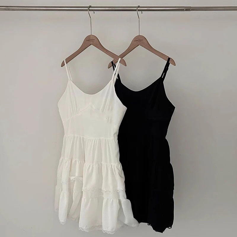 Chic Spring Summer Gentle Personali One-oulder Splice High Waist Slimming White Cake Dr Strapl Dr Women