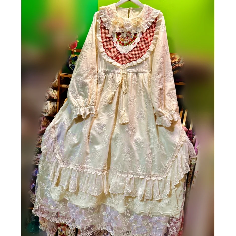 

Winter Fleece Patchwork Lolita Mori Girl Goblincore Cottagecore Midi Dress for Women Mori Girl Goblincore Lace White Long Dress